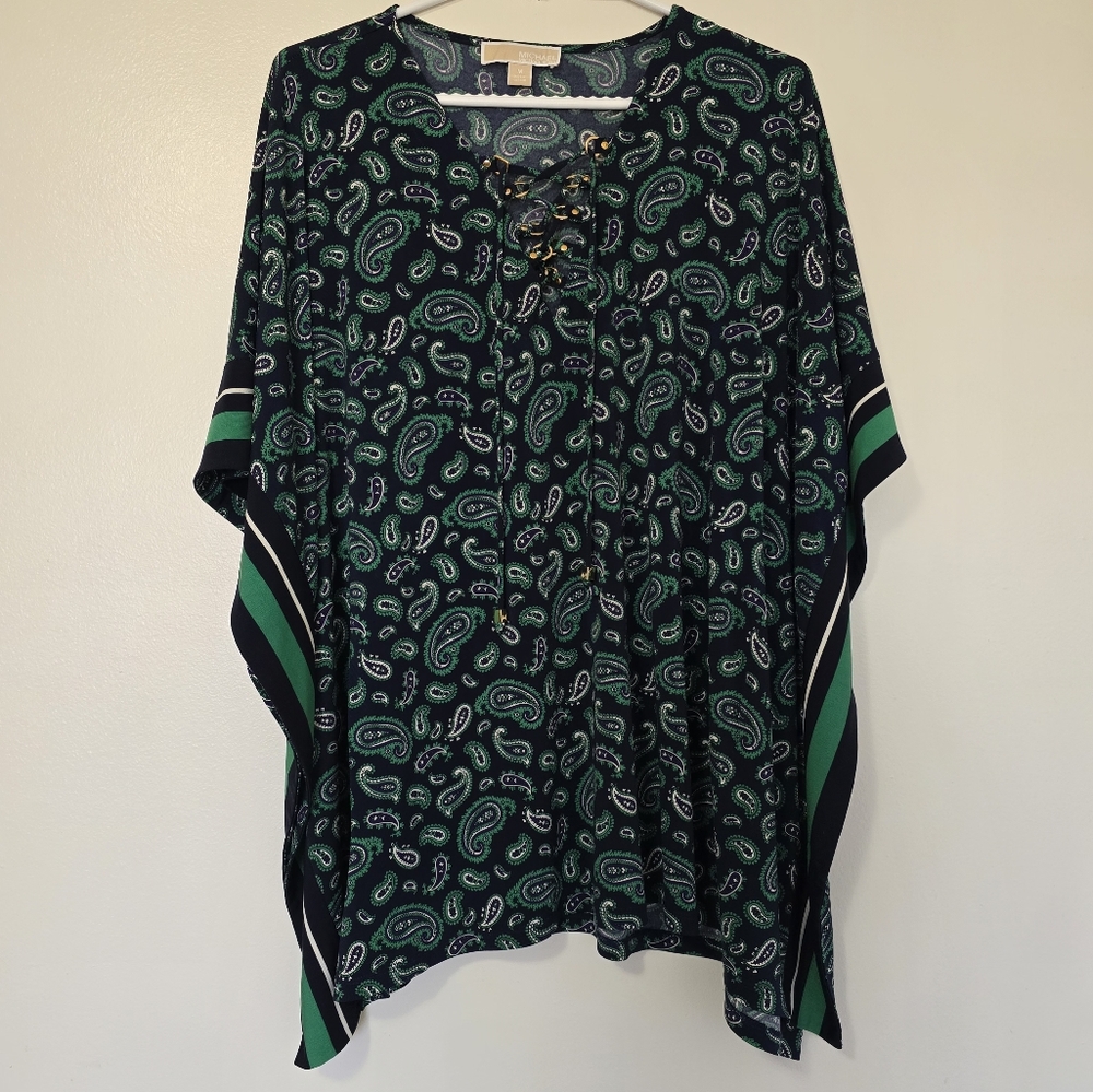 Michael Kors Women Iris And Green Paisley Lace Up Tunic Batwing Sleeves Medium